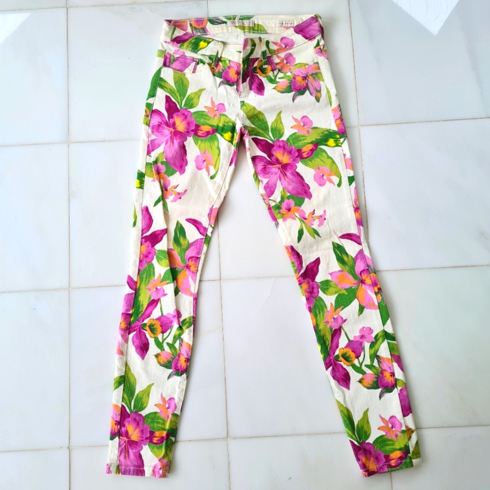Guess Jeans Leggings Floral Print Skinny Pants White Pink Green New